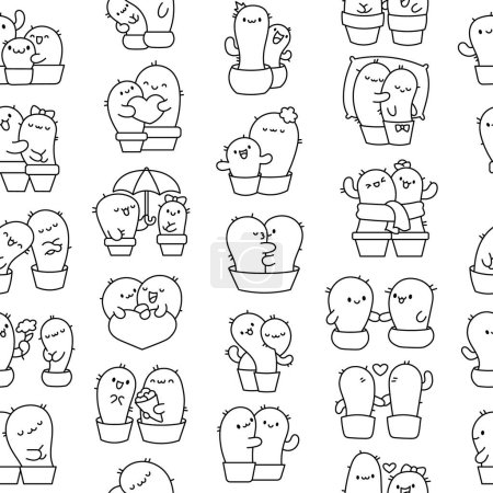 Illustration for Kawaii cactus hug. Seamless pattern. Coloring Page. Cute cartoon cacti couple in love. Funny plant characters in pots. Hand drawn style. Vector drawing. Design ornaments. - Royalty Free Image