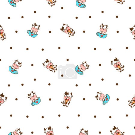 Illustration for Beautiful cow cartoon character. Seamless pattern. Cute kawaii farm animal. Hand drawn style. Vector drawing. Design ornaments. - Royalty Free Image