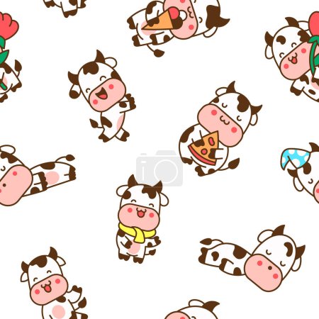 Beau personnage de dessin animé de vache. Modèle sans couture. Mignon animal de ferme kawaii. Style dessiné à la main. Le dessin vectoriel. Décorations design.