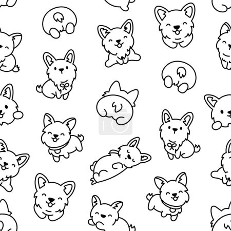 Illustration for Cute kawaii corgi dog. Seamless pattern. Coloring Page. Funny puppy cartoon animal characters. Hand drawn style. Vector drawing. Design ornaments. - Royalty Free Image