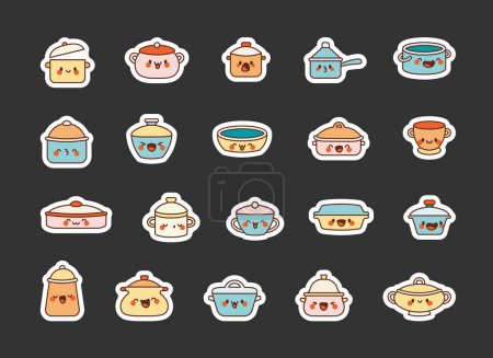Illustration for Casserole dishes, cast iron pans characters. Sticker Bookmark. Pyrex bakeware. Hand drawn style. Vector drawing. Collection of design elements. - Royalty Free Image