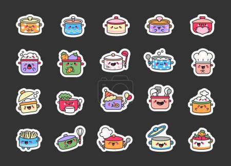 Illustration for Cute kawaii cooking pots. Sticker Bookmark. Funny cartoon characters. Hand drawn style. Vector drawing. Collection of design elements. - Royalty Free Image