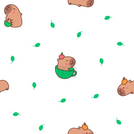 Illustration for Cute cartoon kawaii capybara. Seamless pattern. Animal funny characters. Hand drawn style. Vector drawing. Design ornaments. - Royalty Free Image