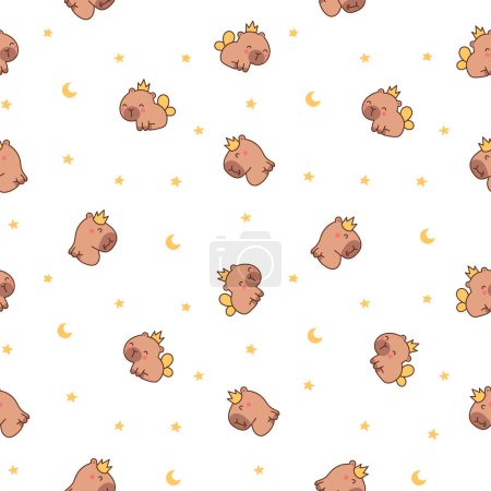 Illustration for Cute cartoon kawaii capybara. Seamless pattern. Animal funny characters. Hand drawn style. Vector drawing. Design ornaments. - Royalty Free Image