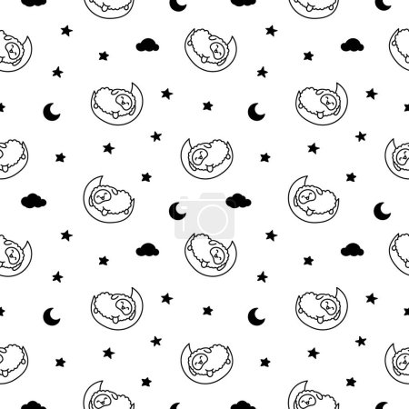 Illustration for Cute kawaii little sheep. Seamless pattern. Coloring Page. Smiling nice animal character. Hand drawn style. Vector drawing. Design ornaments. - Royalty Free Image
