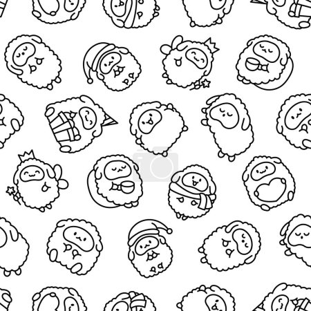Illustration for Cute kawaii little sheep. Seamless pattern. Coloring Page. Smiling nice animal character. Hand drawn style. Vector drawing. Design ornaments. - Royalty Free Image