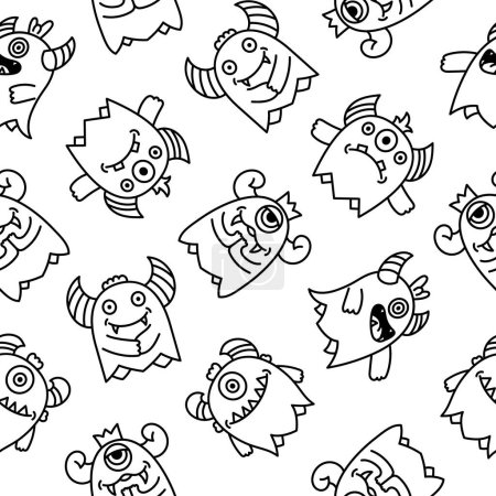 Illustration for Cute kawaii monster. Seamless pattern. Coloring Page. Cartoon scary funny Halloween character. Hand drawn style. Vector drawing. Design ornaments. - Royalty Free Image