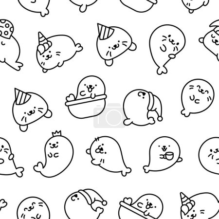 Illustration for Cute kawaii baby seals. Seamless pattern. Coloring Page. Funny cartoon characters arctic and antarctic animals. Hand drawn style. Vector drawing. Design ornaments. - Royalty Free Image