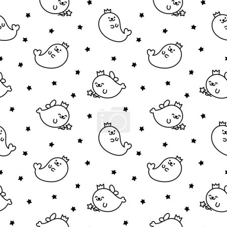 Illustration for Cute kawaii baby seals. Seamless pattern. Coloring Page. Funny cartoon characters arctic and antarctic animals. Hand drawn style. Vector drawing. Design ornaments. - Royalty Free Image