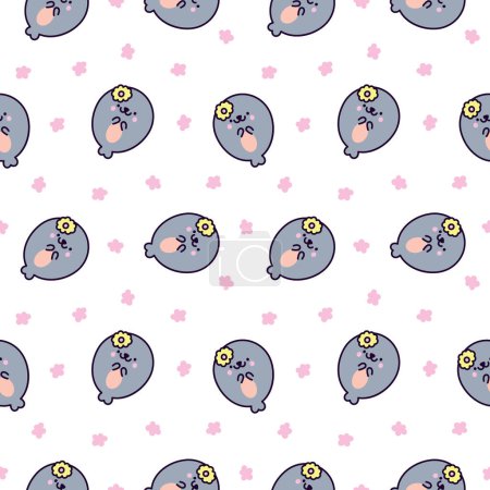 Illustration for Cute kawaii baby seals. Seamless pattern. Funny cartoon characters arctic and antarctic animals. Hand drawn style. Vector drawing. Design ornaments. - Royalty Free Image
