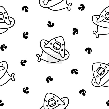 Illustration for Funny kawaii ocean shark. Seamless pattern. Coloring Page. Smiling jaws and comic marine animals character. Hand drawn style. Vector drawing. Design ornaments. - Royalty Free Image