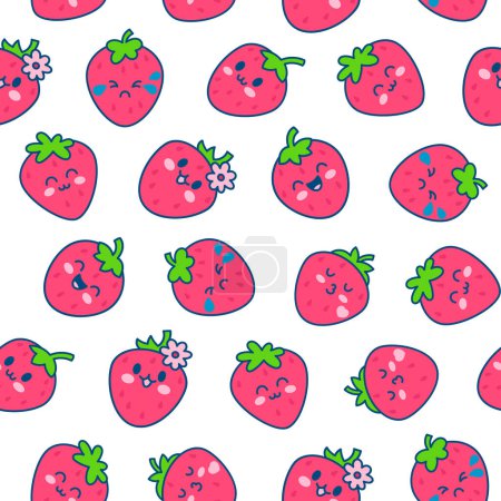 Illustration for Cute happy strawberry character emoticon. Seamless pattern. Kawaii cartoon fruit. Hand drawn style. Vector drawing. Design ornaments. - Royalty Free Image