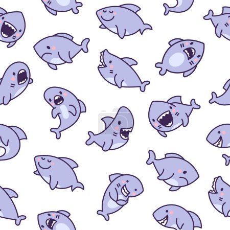 Illustration for Funny kawaii ocean shark. Seamless pattern. Smiling jaws and comic marine animals character. Hand drawn style. Vector drawing. Design ornaments. - Royalty Free Image