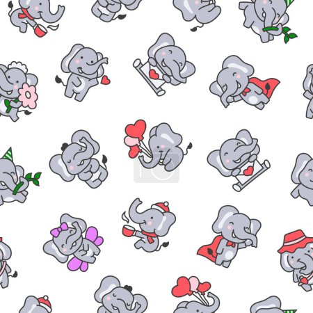 Illustration for Cute cartoon baby elephant characters. Seamless pattern. Adorable little indian animal. Hand drawn style. Vector drawing. Design ornaments. - Royalty Free Image