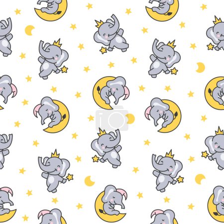 Illustration for Cute cartoon baby elephant characters. Seamless pattern. Adorable little indian animal. Hand drawn style. Vector drawing. Design ornaments. - Royalty Free Image