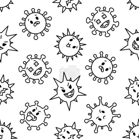 Illustration for Viruses kawaii. Seamless pattern. Coloring Page. Cute cartoon characters of bacterial infection and microbe. Hand drawn style. Vector drawing. Design ornaments. - Royalty Free Image