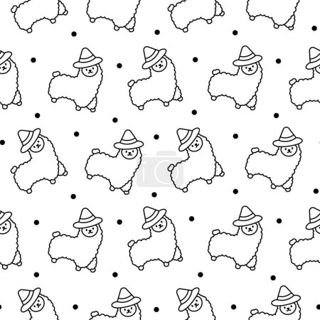 Illustration for Cute kawaii little llama. Seamless pattern. Coloring Page. Cartoon funny alpaca, animals character. Hand drawn style. Vector drawing. Design ornaments. - Royalty Free Image