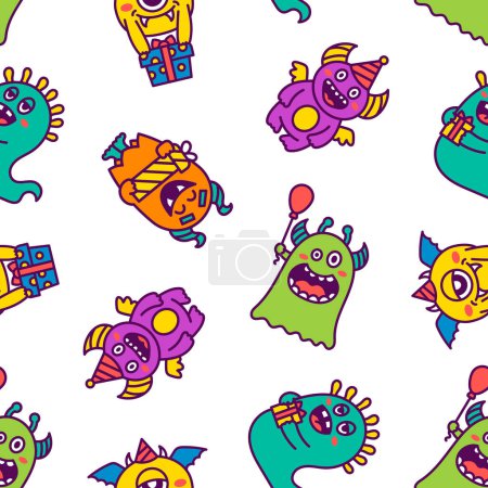 Illustration for Kawaii cute party monsters. Seamless pattern. Happy birthday gifts, funny alien, greeting cake. Hand drawn style. Vector drawing. Design ornaments. - Royalty Free Image