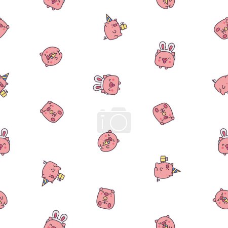 Téléchargez les illustrations : Cute kawaii little pig. Seamless pattern. Smiling nice cartoon animal character. Hand drawn style. Vector drawing. Design ornaments. - en licence libre de droit