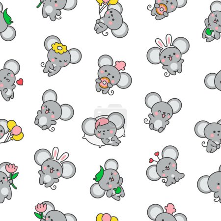 Illustration for Cute kawaii mouse. Seamless pattern. Cartoon happy baby rat characters. Hand drawn style. Vector drawing. Design ornaments. - Royalty Free Image