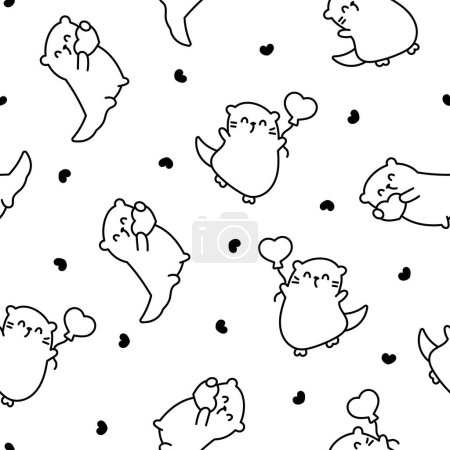 Illustration for Cute cartoon kawaii otter. Seamless pattern. Coloring Page. Animal funny characters. Hand drawn style. Vector drawing. Design ornaments. - Royalty Free Image