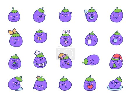 Illustration for Cute kawaii eggplant vegetable. Adorable cartoon food character. Hand drawn style. Vector drawing. Collection of design elements. - Royalty Free Image