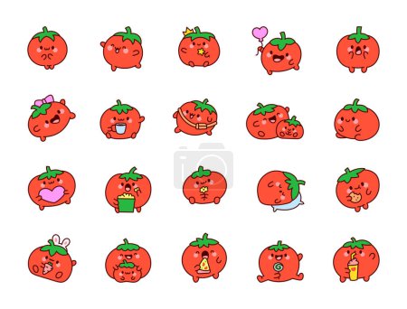 Illustration for Funny smiling tomato character. Cute vegetable with face. Hand drawn style. Vector drawing. Collection of design elements. - Royalty Free Image