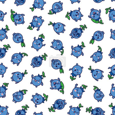 Illustration for Kawaii blueberry cartoon character. Seamless pattern. Cute fruit in different emotion. Hand drawn style. Vector drawing. Design ornaments. - Royalty Free Image