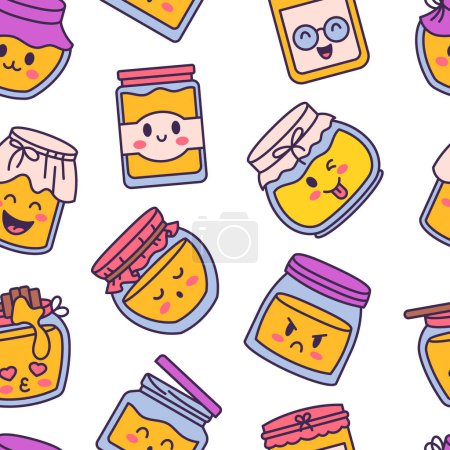 Illustration for Cute kawaii honey jar. Seamless pattern. Glass pot character. Hand drawn style. Vector drawing. Design ornaments. - Royalty Free Image