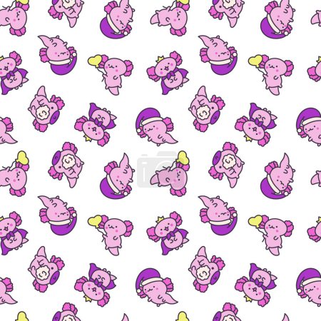 Illustration for Cute kawaii baby axolotl. Seamless pattern. Cartoon funny animals character. Hand drawn style. Vector drawing. Design ornaments. - Royalty Free Image
