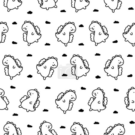 Illustration for Cute smiling kawaii dinosaur. Seamless pattern. Coloring Page. Cartoon funny dino characters. Hand drawn style. Vector drawing. Design ornaments. - Royalty Free Image