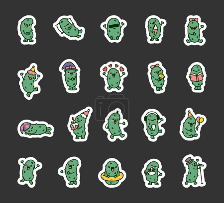 Illustration for Cheerful cucumber character. Sticker Bookmark. Funny cartoon. Hand drawn style. Vector drawing. Collection of design elements. - Royalty Free Image