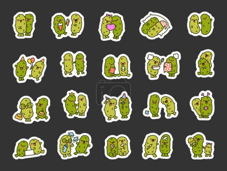 Illustration for Cute couple of cucumbers. Sticker Bookmark. Funny cartoon characters. Hand drawn style. Vector drawing. Collection of design elements. - Royalty Free Image