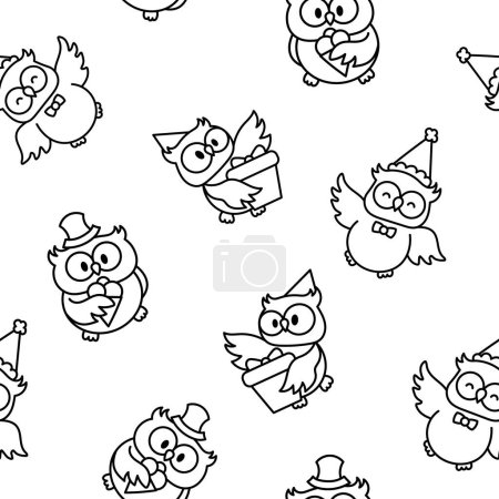 Illustration for Cartoon happy owl characters. Seamless pattern. Coloring Page. Cute kawaii forest birds. Hand drawn style. Vector drawing. Design ornaments. - Royalty Free Image