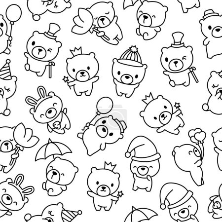 Illustration for Cute kawaii teddy bear. Seamless pattern. Coloring Page. Cartoon funny animals character. Hand drawn style. Vector drawing. Design ornaments. - Royalty Free Image
