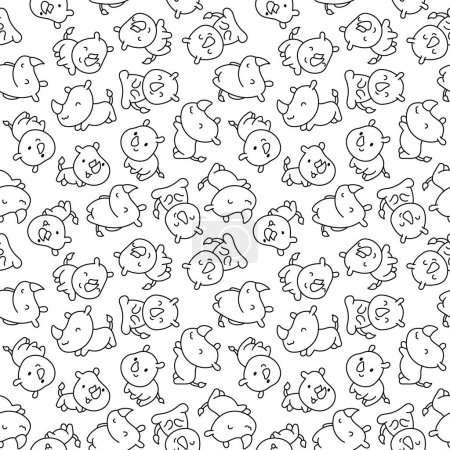 Illustration for Cute kawaii rhino. Seamless pattern. Coloring Page. Cartoon funny rhinoceros. Animal character. Hand drawn style. Vector drawing. Design ornaments. - Royalty Free Image