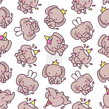 Illustration for Cute kawaii elephant. Seamless pattern. Cartoon funny characters. Hand drawn style. Vector drawing. Design ornaments. - Royalty Free Image