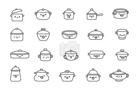 Casserole dishes, cast iron pans characters. Coloring Page. Pyrex bakeware. Hand drawn style. Vector drawing. Collection of design elements.