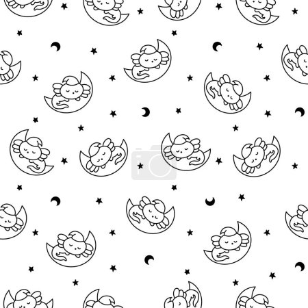 Cute kawaii little axolotl. Seamless pattern. Coloring Page. Smiling nice cartoon animal character. Hand drawn style. Vector drawing. Design ornaments.