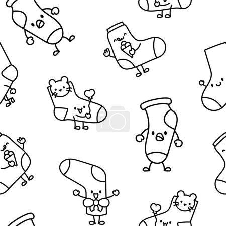 Illustration for Cute happy sock cartoon character. Seamless pattern. Coloring Page. Fashion woolen underwear, textile accessories. Hand drawn style. Vector drawing. Design ornaments. - Royalty Free Image