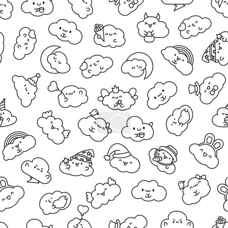 Cute and kawaii cloud. Seamless pattern. Coloring Page. Cartoon weather character. Hand drawn style. Vector drawing. Design ornaments.
