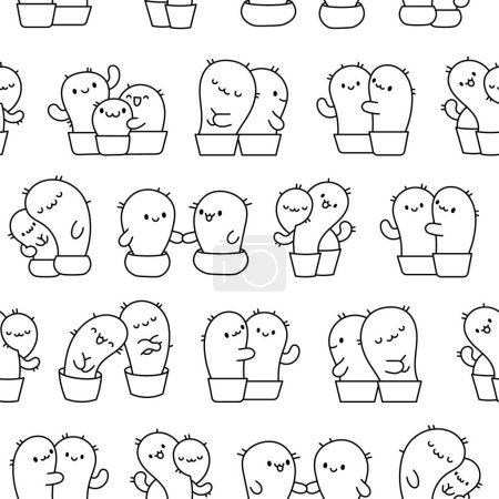 Illustration for Kawaii cactus hug. Seamless pattern. Coloring Page. Cute cartoon cacti couple in love. Funny plant characters in pots. Hand drawn style. Vector drawing. Design ornaments. - Royalty Free Image