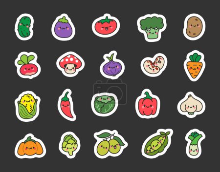 Illustration for Funny cartoon vegetables. Sticker Bookmark. Kawaii character. Hand drawn style. Vector drawing. Collection of design elements. - Royalty Free Image