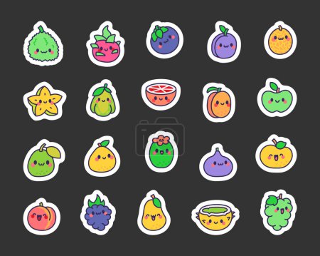 Illustration for Cute cartoon fruits. Sticker Bookmark. Kawaii character. Hand drawn style. Vector drawing. Collection of design elements. - Royalty Free Image