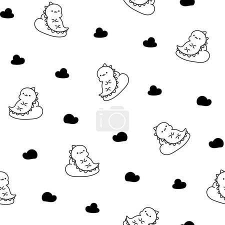 Illustration for Cute kawaii baby dragon. Seamless pattern. Coloring Page. Funny little dinosaur cartoon character. Hand drawn style. Vector drawing. Design ornaments. - Royalty Free Image