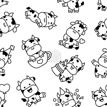 Beautiful cow cartoon character. Seamless pattern. Coloring Page. Cute kawaii farm animal. Hand drawn style. Vector drawing. Design ornaments.
