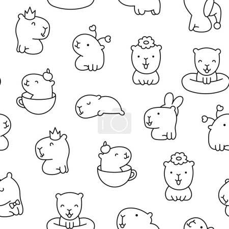 Illustration for Cute cartoon kawaii capybara. Seamless pattern. Coloring Page. Animal funny characters. Hand drawn style. Vector drawing. Design ornaments. - Royalty Free Image