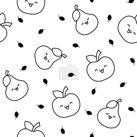 Illustration for Kawaii cartoon farm characters. Seamless pattern. Coloring Page. Cute animals, nature, vegetables, fruits, flowers. Hand drawn style. Vector drawing. Design ornaments. - Royalty Free Image