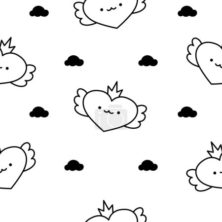 Illustration for Cartoon cute happy kawaii characters. Seamless pattern. Coloring Page. Lifestyle. Hand drawn style. Vector drawing. Design ornaments. - Royalty Free Image