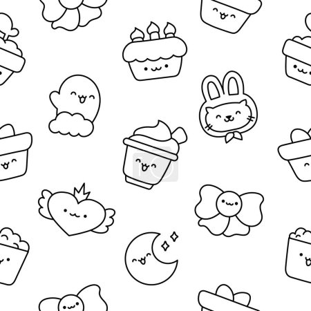 Illustration for Cartoon cute happy kawaii characters. Seamless pattern. Coloring Page. Lifestyle. Hand drawn style. Vector drawing. Design ornaments. - Royalty Free Image